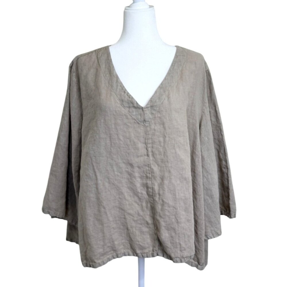 Bryn Walker Women's Linen Top Beige V-Neck Lagenlook Size XL